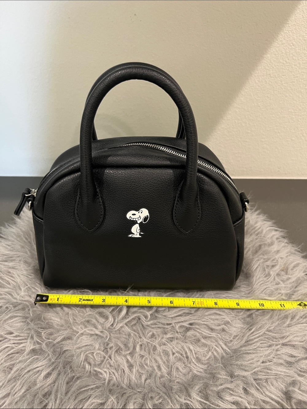 Snoopy Black Leather Dome Satchel with Snoopy Detail